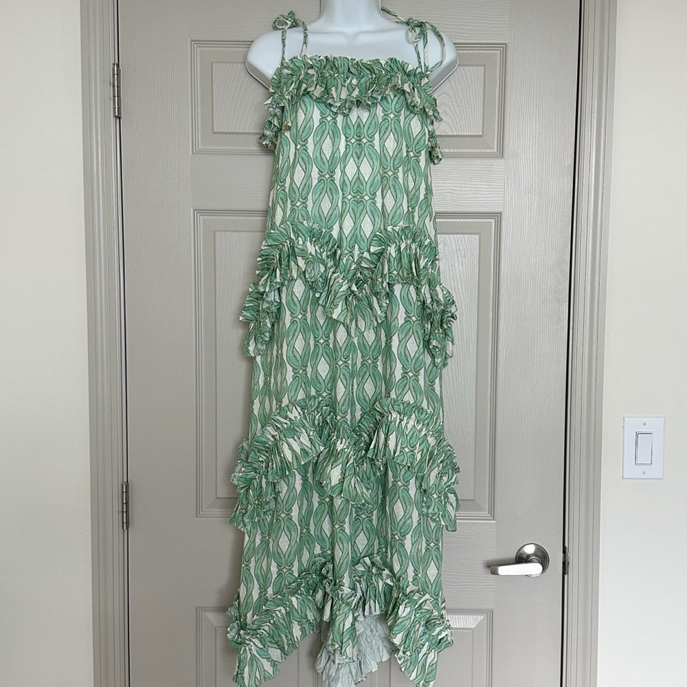 LA PLAGE Green And White Tiered Ruffle Dress 100% linen